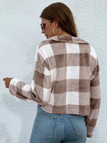 SHEIN EZwear Buffalo Plaid Pattern Drop Shoulder Crop Flannel Jacket - Multicolor - View 2