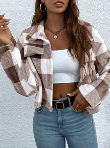 SHEIN EZwear Buffalo Plaid Pattern Drop Shoulder Crop Flannel Jacket - Multicolor - View 3
