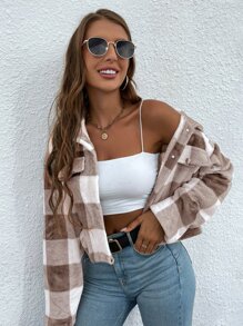 SHEIN EZwear Buffalo Plaid Pattern Drop Shoulder Crop Flannel Jacket - Multicolor - View 4