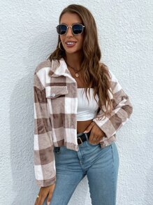 SHEIN EZwear Buffalo Plaid Pattern Drop Shoulder Crop Flannel Jacket - Multicolor - View 5