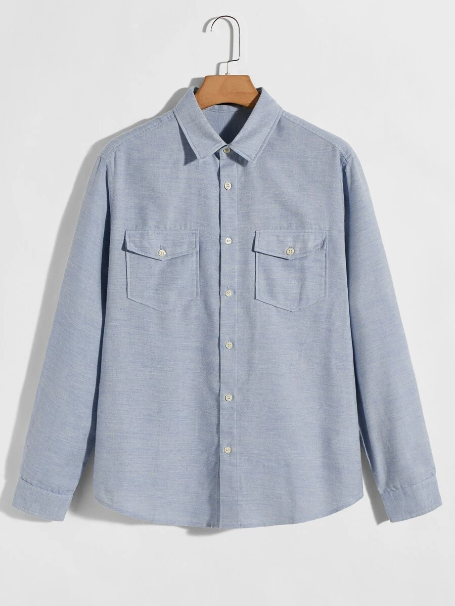 GENTILAND Áo sơ mi Nam Nút Túi màu trơn Giải trí - Màu xanh bụi bặm - Xem 1