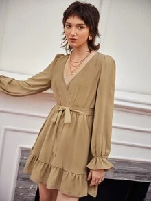 SHEIN Đầm Thắt lưng Xù Viên lá sen Trọn gói màu trơn Giải trí - Màu be - Xem 5