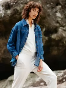 MOTF PREMIUM Áo khoác denim Quá lớn - Rửa trung bình - Xem 1