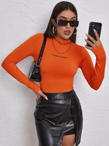 SHEIN Allurite Neon Orange Mock Neck Letter Embroidered Rib-knit Tee - Orange - View 1