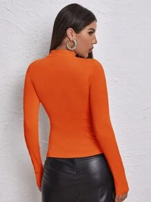 SHEIN Allurite Neon Orange Mock Neck Letter Embroidered Rib-knit Tee - Orange - View 2