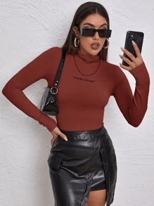 SHEIN Unity Mock Neck Letter Embroidered Rib-knit Tee - Rust Brown - View 1