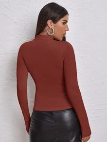 SHEIN Unity Mock Neck Letter Embroidered Rib-knit Tee - Rust Brown - View 2