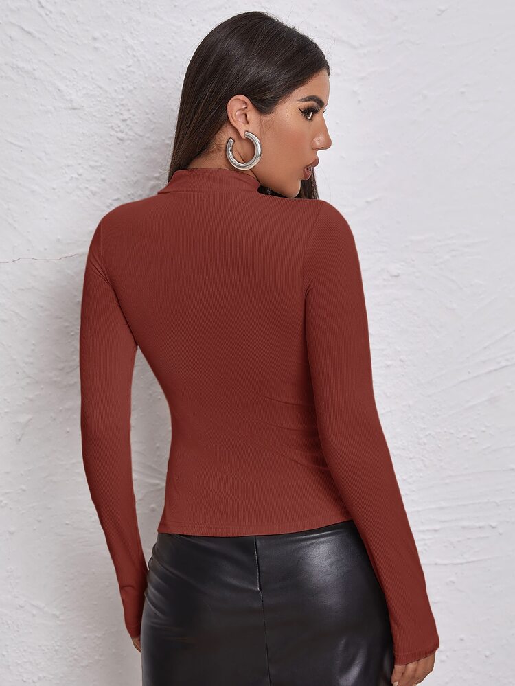SHEIN Unity Mock Neck Letter Embroidered Rib-knit Tee - Rust Brown - View 2
