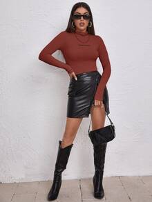 SHEIN Unity Mock Neck Letter Embroidered Rib-knit Tee - Rust Brown - View 3