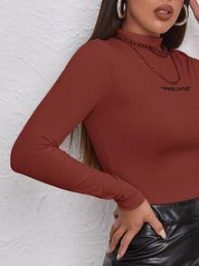 SHEIN Unity Mock Neck Letter Embroidered Rib-knit Tee - Rust Brown - View 4