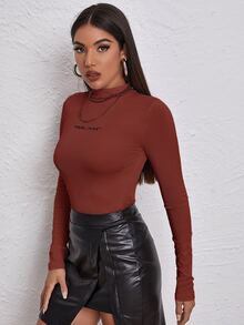 SHEIN Unity Mock Neck Letter Embroidered Rib-knit Tee - Rust Brown - View 5