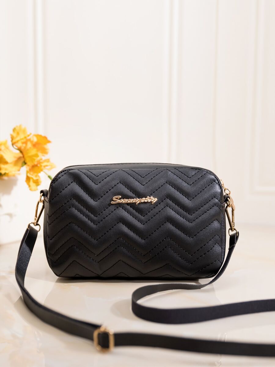 Mini Metal Decor Quilted Pattern Square Bag - Black - View 1