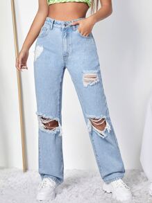Jeans de pierna recta de talle alto desgarro - Lavado ligero - Ver 1