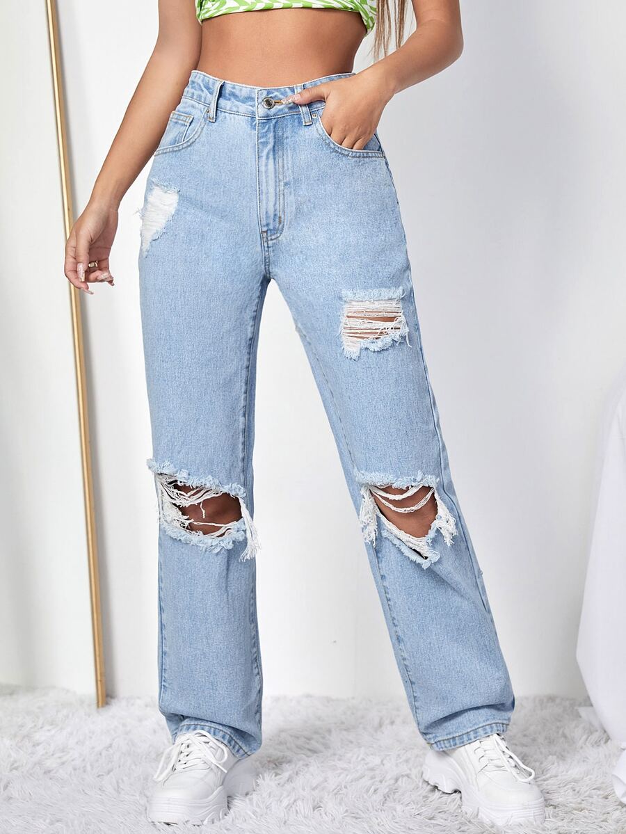 Jeans de pierna recta de talle alto desgarro - Lavado ligero - Ver 1