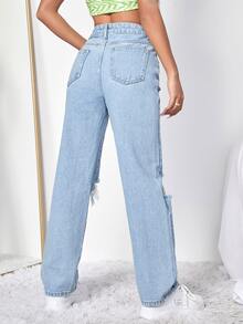 Jeans de pierna recta de talle alto desgarro - Lavado ligero - Ver 2
