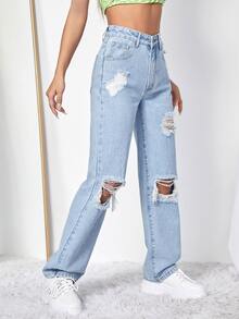 Jeans de pierna recta de talle alto desgarro - Lavado ligero - Ver 3