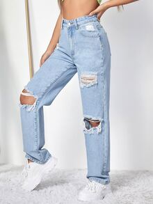 Jeans de pierna recta de talle alto desgarro - Lavado ligero - Ver 5
