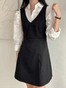 DAZY 纯色后背拉链无袖连衣裙，休闲女装 - 黑色 - 查看 8