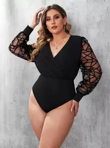 SHEIN Privé Body de cuello cruzado en contraste geométrico de malla - Negro - Ver 1