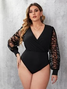 SHEIN Privé Body de cuello cruzado en contraste geométrico de malla - Negro - Ver 4
