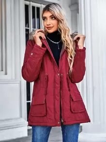 SHEIN LUNE 冬季服装休闲抽绳腰部毛领连帽加厚棉服外套 - 酒紅色 - 查看 1