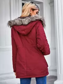 SHEIN LUNE 冬季服装休闲抽绳腰部毛领连帽加厚棉服外套 - 酒紅色 - 查看 2