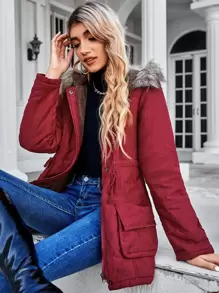 SHEIN LUNE 冬季服装休闲抽绳腰部毛领连帽加厚棉服外套 - 酒紅色 - 查看 3