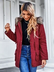 SHEIN LUNE 冬季服装休闲抽绳腰部毛领连帽加厚棉服外套 - 酒紅色 - 查看 5