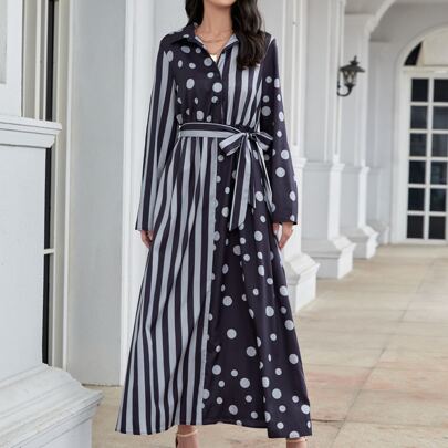 Vertical Striped Polka Dot Belted Shirt Dress