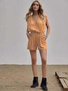 Surplice Neck Tie Back Roll Hem Romper - Orange - View 5