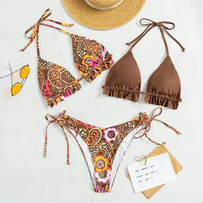 3pack Paisley Print Frill Trim Triangle Bikini Swimsuit