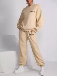 SHEIN Unity Letter Graphic Drop Shoulder Hoodie & Sweatpants - Apricot - View 1