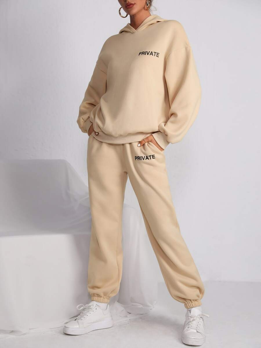 SHEIN Unity Letter Graphic Drop Shoulder Hoodie & Sweatpants - Apricot - View 1