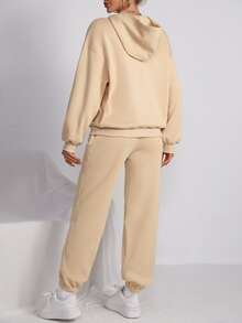 SHEIN Unity Letter Graphic Drop Shoulder Hoodie & Sweatpants - Apricot - View 2