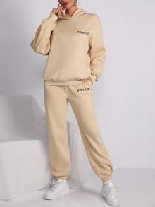 SHEIN Unity Letter Graphic Drop Shoulder Hoodie & Sweatpants - Apricot - View 3