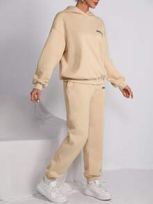 SHEIN Unity Letter Graphic Drop Shoulder Hoodie & Sweatpants - Apricot - View 4