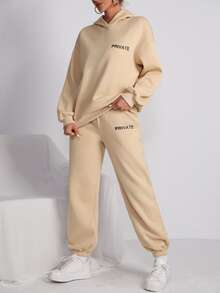 SHEIN Unity Letter Graphic Drop Shoulder Hoodie & Sweatpants - Apricot - View 5