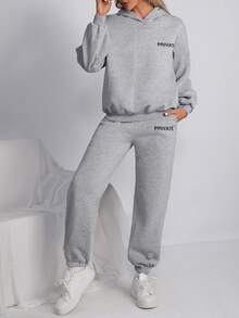 SHEIN Unity Pantalones deportivos con capucha con estampado de letra de hombros caídos - Gris Claro - Ver 3