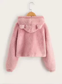 SHEIN 适合青少年女孩的纯色长袖卫衣，带有3D耳朵设计，适合秋冬季穿着。 - 淺粉色 - 查看 2