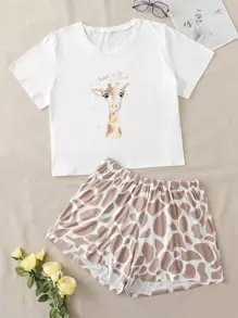 Plus Giraffe And Slogan Graphic Tee & Shorts PJ Set - White - View 1