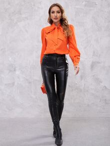 Sogna Neon Orange Tie Neck Blouse - Orange - View 4