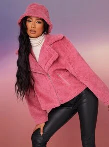 SHEIN Zip Up Teddy Moto Jacket - Dusty Pink - View 1