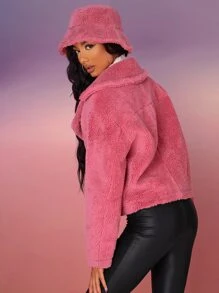 SHEIN Zip Up Teddy Moto Jacket - Dusty Pink - View 2