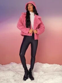 SHEIN Zip Up Teddy Moto Jacket - Dusty Pink - View 3