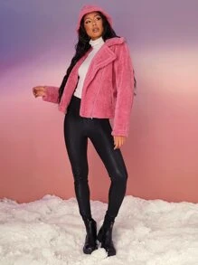 SHEIN Zip Up Teddy Moto Jacket - Dusty Pink - View 4