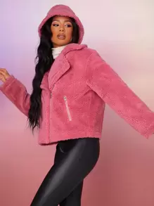 SHEIN Zip Up Teddy Moto Jacket - Dusty Pink - View 5