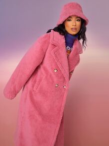 SHEIN Double Breasted Teddy Coat Without Hat - Pink - View 1