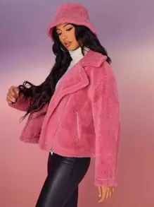 SHEIN Zip Up Teddy Moto Jacket - Dusty Pink - View 7