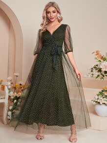 Dobby Mesh Overlay Belted Bridesmaid Dress - Army Green - View 1