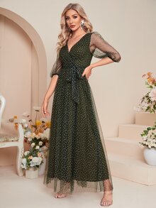 Dobby Mesh Overlay Belted Bridesmaid Dress - Army Green - View 4